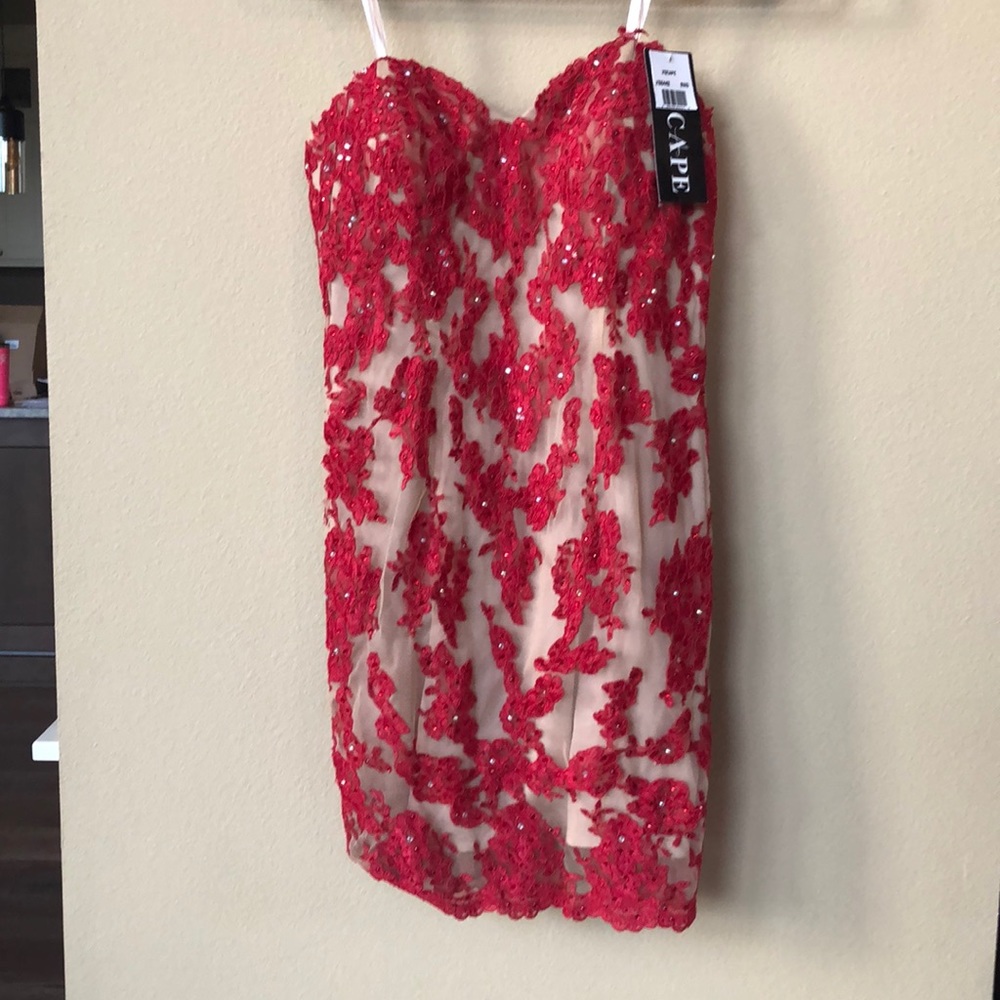 NWT red and nude strapless lace cocktail dress